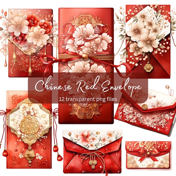 Chinese Red Envelope Watercolor Clipart Bundle, Transparent PNG, Digital Download, Wedding Card Making, Junk Journaling, Commercial Use