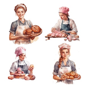 Puede incluir: Cuatro mujeres con delantales y sombreros de diferentes colores est&aacute;n horneando varios pasteles. Una mujer sostiene una bandeja de pasteles, otra decora pasteles, otra sostiene un pastel y la &uacute;ltima sostiene una bandeja de galletas.