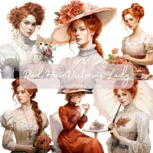 Red Hair Victorian Lady Vintage Watercolor Clipart Bundle,Transparent PNG Digital Download,Card Making Scrapbook Junk Journal Commercial Use