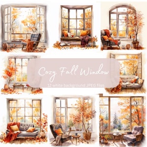 Cozy Fall Window Clipart Bundle, Autumn Home Wall Art, High Res JPEGs, Nature Illustration, Digital Download, Card Making, Commercial Use