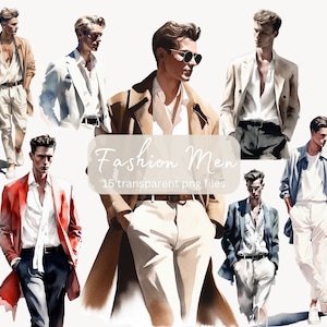 Mode hommes aquarelle Clipart Bundle, PNG Transparent, téléchargement numérique, fabrication de cartes de mode, modèle clipart Illustration, utilisation commerciale