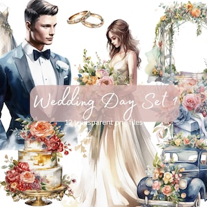 Watercolor Wedding Clipart Bundle, Transparent PNG, Just Married clipart, Bride Groom Clipart, Digital Download, Scrapbook, Commercial Use