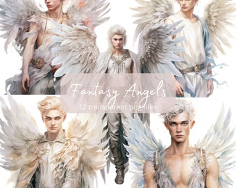Angels Watercolor Clipart Bundle, transparent PNG, Pretty Boy Clipart, Fantasy illustration,Paper craft, Junk Journal Card Making,Commercial