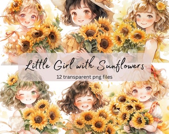 Little Girl with Sunflowers Watercolor Clipart Bundle, Transparent PNG, Digital Download, Card Making, Cute Illustration, Commercial Use