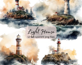 Puede incluir: Pintura de acuarela de cuatro faros en islas rocosas en un mar tormentoso. Los faros son rojos y blancos con rayas negras. El mar es de un azul oscuro con olas blancas. El cielo es de un azul claro con nubes blancas. El texto "Light House 12 transparent png files" está en la parte inferior de la imagen.