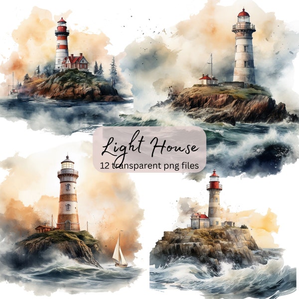 Lighthouse Watercolor Clipart Bundle, Transparent PNG, Coastal Landscape Card Making, Instant Download,Scrapbook Junk Journal,Commercial Use