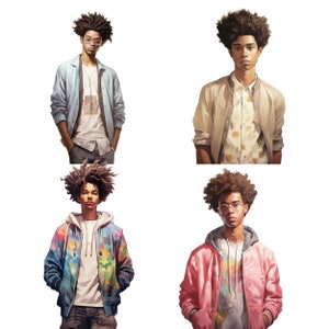 May include: Four different portraits of a young man with curly brown hair wearing various jackets. The first portrait shows the man wearing a light blue jacket with a white t-shirt underneath. The second portrait shows the man wearing a beige jacket with a white and floral patterned shirt underneath. The third portrait shows the man wearing a multi-colored jacket with a white t-shirt underneath. The fourth portrait shows the man wearing a pink jacket with a white t-shirt underneath.