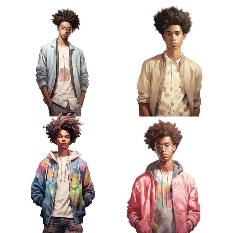 May include: Four different portraits of a young man with curly brown hair wearing various jackets. The first portrait shows the man wearing a light blue jacket with a white t-shirt underneath. The second portrait shows the man wearing a beige jacket with a white and floral patterned shirt underneath. The third portrait shows the man wearing a multi-colored jacket with a white t-shirt underneath. The fourth portrait shows the man wearing a pink jacket with a white t-shirt underneath.