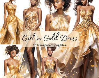 Mädchen im Gold Kleid Aquarell Clipart Bundle, transparentes PNG, digitaler Download, Mode Kartenherstellung, schöne schwarze Frau Dame, Glamour