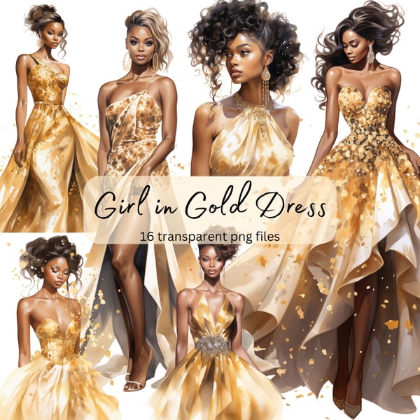 Chica con vestido dorado paquete de imágenes prediseñadas de acuarela, PNG transparente, descarga digital, fabricación de tarjetas de moda, hermosa mujer negra, glamour