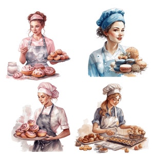 Puede incluir: Cuatro mujeres con diferentes gorros de chef y delantales est&aacute;n horneando pasteles. Una mujer sostiene una bandeja de pasteles rosas y blancos, otra sostiene una bandeja de macarons azules y las otras dos trabajan con bandejas de pasteles.