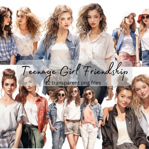 Teenager Mädchen Freundschaft Aquarell Clipart Bundle, transparent PNG, Porträt Clipart, digitaler Download, Kartenherstellung Scrapbooking Junk Journal