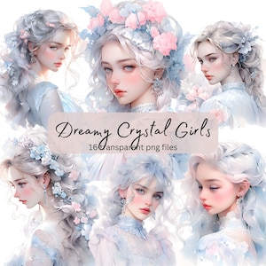 Dreamy Crystal Girls Watercolor Clipart Bundle, transparent PNG, Pretty Girls Fantasy, Paper craft, Junk Journal Scrapbooking, Card Making