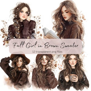 Può includere: Illustrazioni ad acquerello di donne con maglioni marroni, con lunghi capelli castani e accenti floreali. Il testo "Fall Girl in Brown Sweater" e "12 transparent png files" è visualizzato su uno striscione.