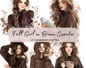 Fall Girl Dark Brown Sweater Watercolor Clipart Bundle, Transparent PNG, Digital Download, Card Making Beautiful Woman Lady, Cozy Autumn