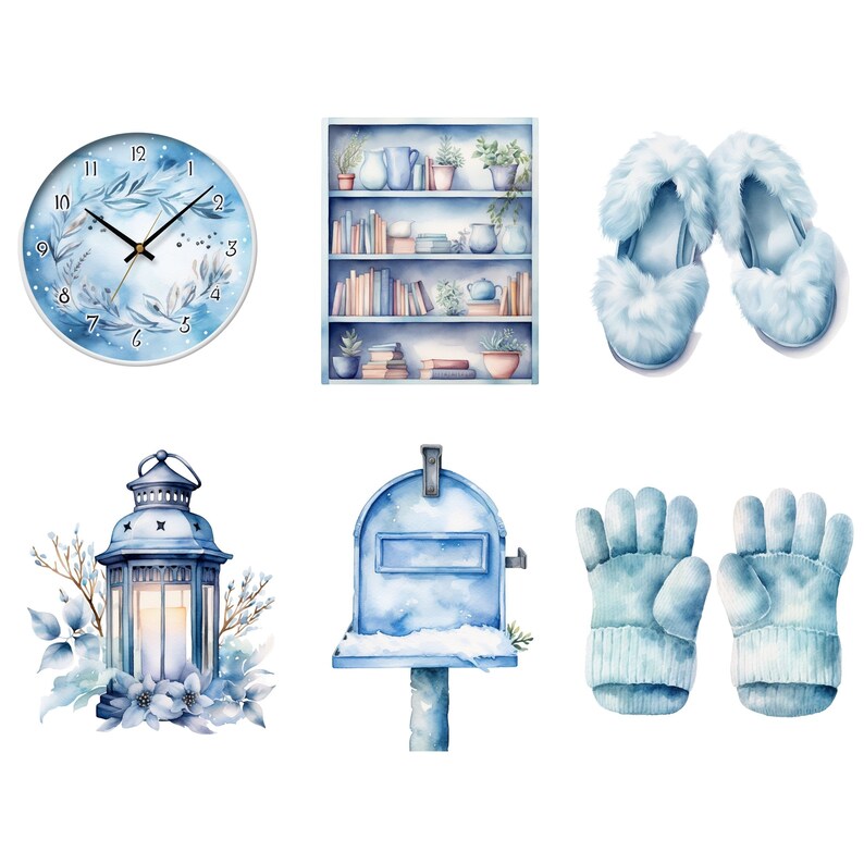 Pode incluir: Um conjunto de ilustra&ccedil;&otilde;es de aquarela com tema de inverno que inclui um rel&oacute;gio, uma estante de livros, um par de pantufas, uma caixa de correio, uma lanterna e um par de luvas.