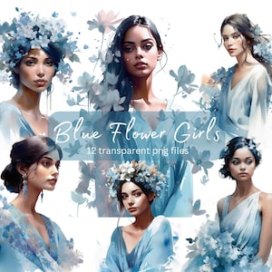 Blue Flower Girls Watercolor Clipart Bundle, Transparent PNG,Digital Download,Pretty Girls Card Making Scrapbook Junk Journal Commercial Use
