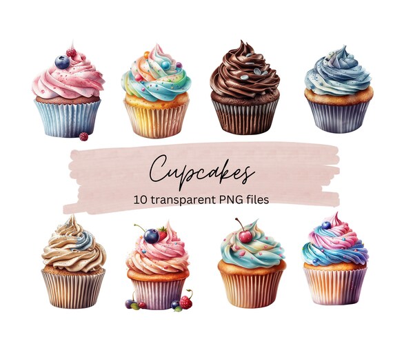 Cupcakes Clipart Bundle, Transparent PNG, Summer clipart, Digital Download, Watercolor Food Clipart, Card Making,Junk Journal,Commercial Use