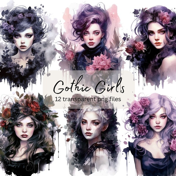 Gothic Girls Watercolor Clipart, Transparent PNG, Digital Download, Pretty Girls Card Making Scrapbook Junk Journal Halloween Commercial Use