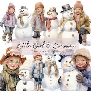 Pacchetto clipart acquerello bambina e pupazzo di neve, PNG trasparente, creazione di cartoline natalizie invernali, artigianato in carta retrò, scrapbooking di diario spazzatura