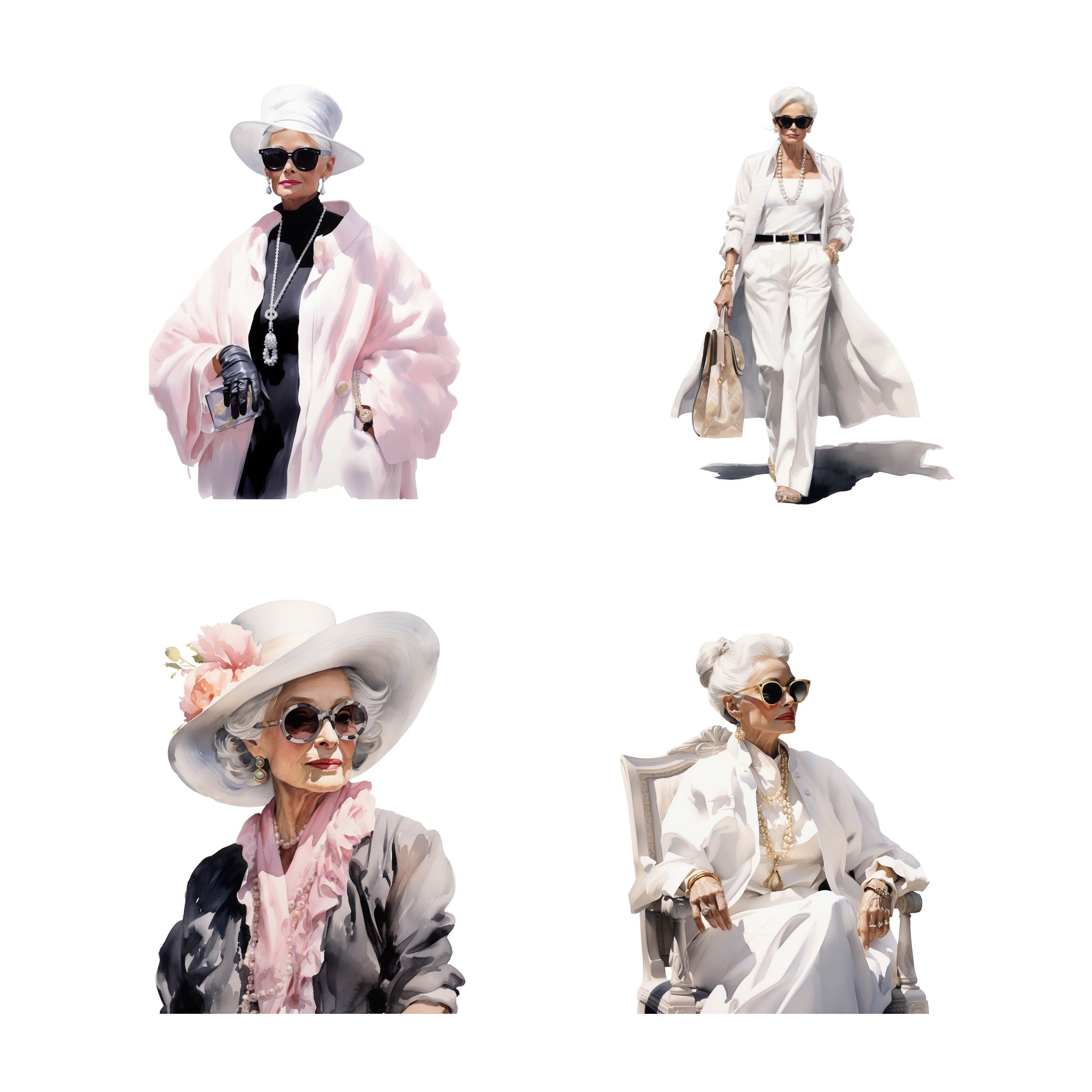 Elderly Lady Fashion Watercolor Clipart Bundle, Transparent PNG ...