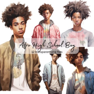 May include: Digital illustration of 12 watercolor-style images of Black high school boys with different hairstyles and clothing. The text "Afro High School Boy" and "12 transparent png files" is included in the image.