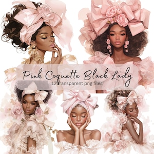Pink Bow Coquette Black Lady Acquerello Clipart Bundle, PNG trasparente, Download digitale, Junk Journal Scrapbooking, Creazione di carte, Papercraft