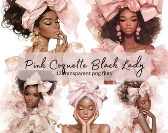 Pink Bow Coquette Black Lady Watercolor Clipart Bundle, Transparent PNG, Digital Download, Junk Journal Scrapbooking, Card Making,Papercraft