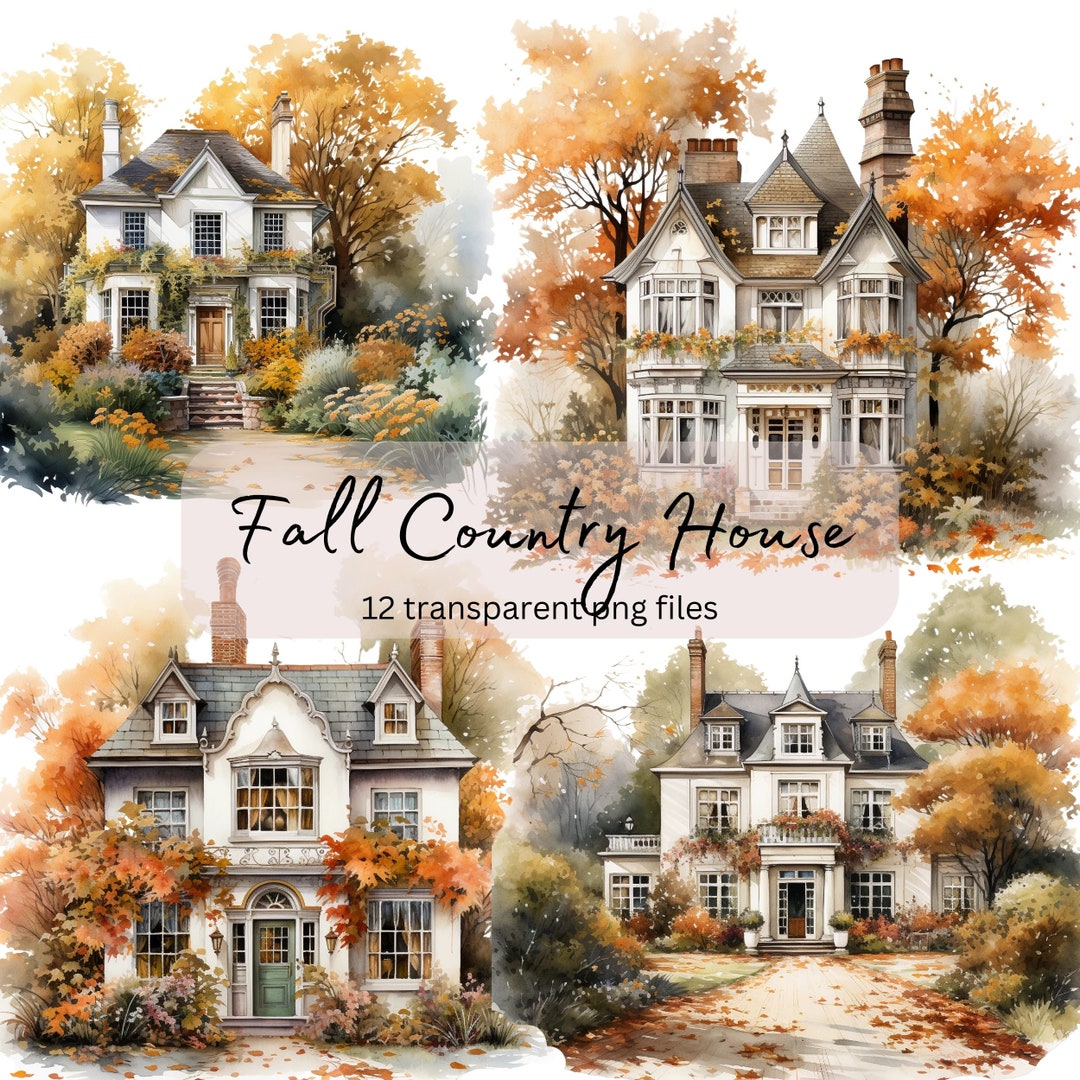 Fall Country House Watercolor Clipart Bundle, Transparent PNG ...