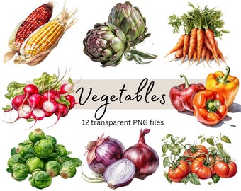 May include: A collection of 12 watercolour illustrations of various vegetables, including red radishes, green Brussels sprouts, red onions, red and orange bell peppers, green artichokes, yellow and red corn, orange carrots, and red tomatoes.
