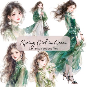 Spring Girls in Green aquarel clipart, transparante png, digitale download, kaarten maken mode clipart illustratie, anime mooie meisjes