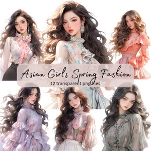 Asian Girls Spring Fashion Watercolor Clipart, Transparent PNG, Digital Download, Card Making, Papercraft, Anime Illustration,Commercial Use