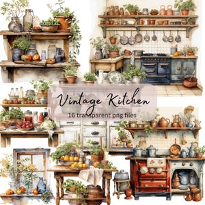 Vintage Kitchen Watercolor Clipart Bundle, Transparent PNG, Digital Download, Home Decoration Card Making, Junk Journaling, Commercial Use