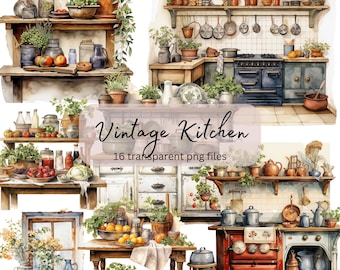 Vintage Kitchen Watercolor Clipart Bundle, Transparent PNG, Digital Download, Home Decoration Card Making, Junk Journaling, Commercial Use
