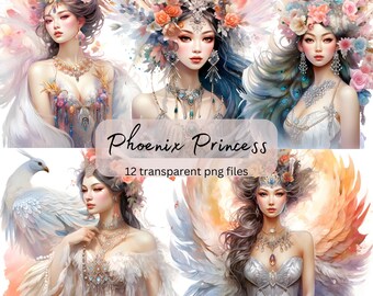 Phoenix Princess Watercolor Clipart, transparent PNG, Pretty Girls Fantasy illustration, Paper craft, Junk Journal Scrapbooking, Card Making