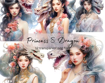 Dragon Princess Watercolor Clipart, transparent PNG, Pretty Girls Fantasy illustration, Paper craft, Junk Journal Scrapbooking, Card Making