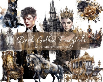 Dark Gothic Fairytale Watercolor Clipart Bundle, transparent PNG, Black Clipart, Fantasy illustration, Paper craft,Junk Journal Scrapbooking
