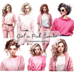 Menina com suéter rosa pacote de clipart aquarela, PNG transparente, download digital, mulher que faz cartões, ilustração de moda, uso comercial