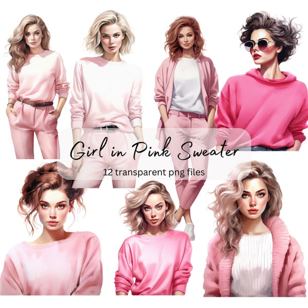 Girl in Pink Sweater Watercolor Clipart Bundle, Transparent PNG, Digital Download, Card Making Woman, Fashion Illustration, Commercial Use