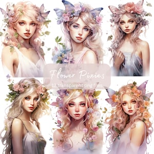 Puede incluir: Un conjunto de 12 ilustraciones digitales de hadas de flores con coronas florales y alas. Las hadas tienen el pelo largo y fluido y se representan con rasgos delicados. Las ilustraciones están en una paleta de colores suaves y pastel y tienen un toque caprichoso y etéreo.