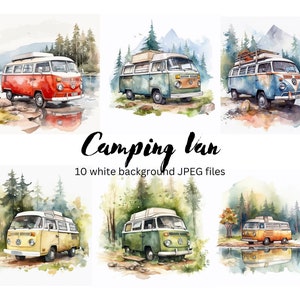Acuarela Camping Van Clipart Bundle, JPEG de alta calidad, Imágenes prediseñadas de vacaciones de viaje, Descarga digital, Fabricación de tarjetas, Arte de pared, Uso comercial