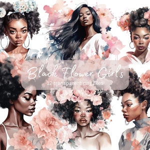 Black Flower Girls Watercolor Clipart Bundle, Transparent PNG, Digital Download, Junk Journal Scrapbooking, Fashion Clipart, Commercial Use