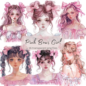 Pink Bows Girl Acuarela Clipart Bundle, PNG transparente, Descarga digital, Scrapbooking de diario basura, Fabricación de tarjetas, Uso comercial de pegatinas