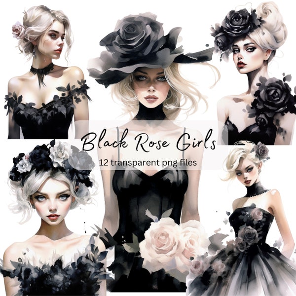 Black Rose Girls Aquarelle Clipart Bundle, Princess Fantasy PNG, Portrait Girl, Fashion Clipart, Paper craft, Card Junk Journal Scrapbooking