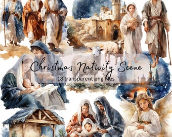 Nativity Scene Clipart Watercolor Bundle, Transparent PNG, Christmas Jesus clipart,Digital Download, Card Making Scrapbooking,Commercial Use