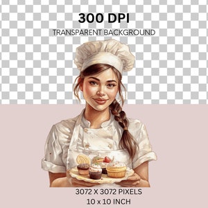 Puede incluir: Una mujer con un gorro de chef blanco y un delantal sostiene un plato de cupcakes coloridos. Los cupcakes est&aacute;n decorados con glaseado, chispas y fruta. El fondo es rosa claro.