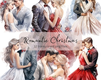 Christmas Loving Couple Watercolor Clipart Bundle, transparent PNG, Romantic Holiday Card making, Paper craft, Junk Journal Scrapbooking