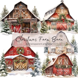 Clipart aquarelle de granges de ferme de Noël, PNG Transparent, jolie maison de vacances, téléchargement immédiat, fabrication de cartes, journal indésirable, usage Commercial