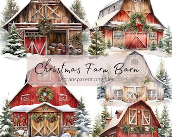 Christmas Farm Barns Watercolor Clipart, Transparent PNG, Holiday Cute House, Instant Download, Card Making, Junk Journal, Commercial Use