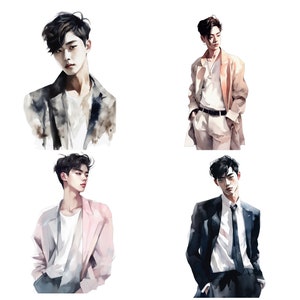 May include: Four watercolor illustrations of a person wearing different outfits. The person has black hair and is wearing a white shirt in each illustration. The first illustration shows the person wearing a gray jacket. The second illustration shows the person wearing a beige jacket. The third illustration shows the person wearing a pink jacket. The fourth illustration shows the person wearing a dark blue suit jacket and a black tie.
